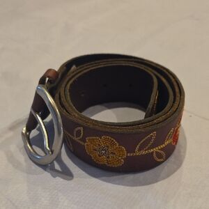 Fossil Women's Brown Leather Belt Silver Buckle Floral Embroidered 44"